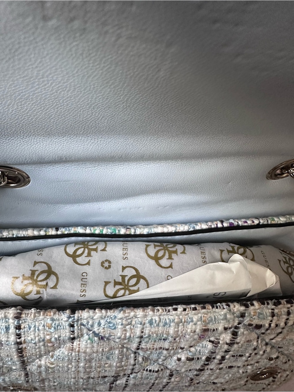 GUESS Light Blue Quilted Tweed Shoulder Bag with Chain Strap - Picture 7 of 7